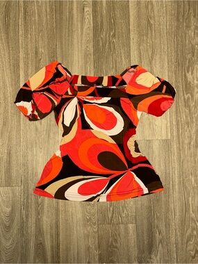 y2k AB Studio Women’s Size L Abstract Print Puff-Sleeve Top in Orange and Brown